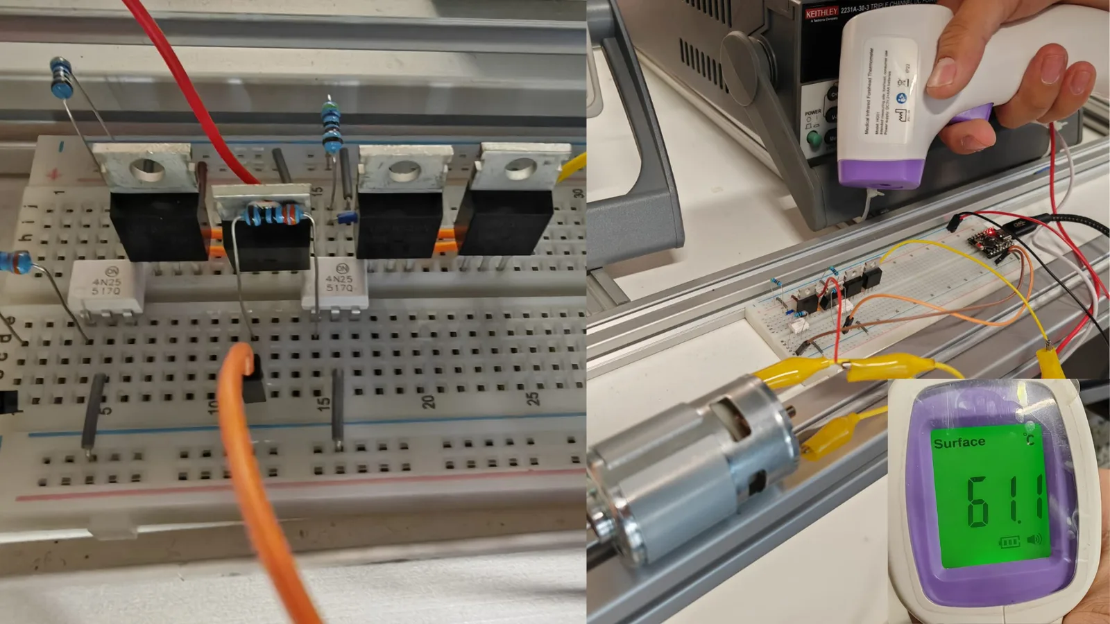 Prototipo del Puente H en protoboard durante una prueba de banco